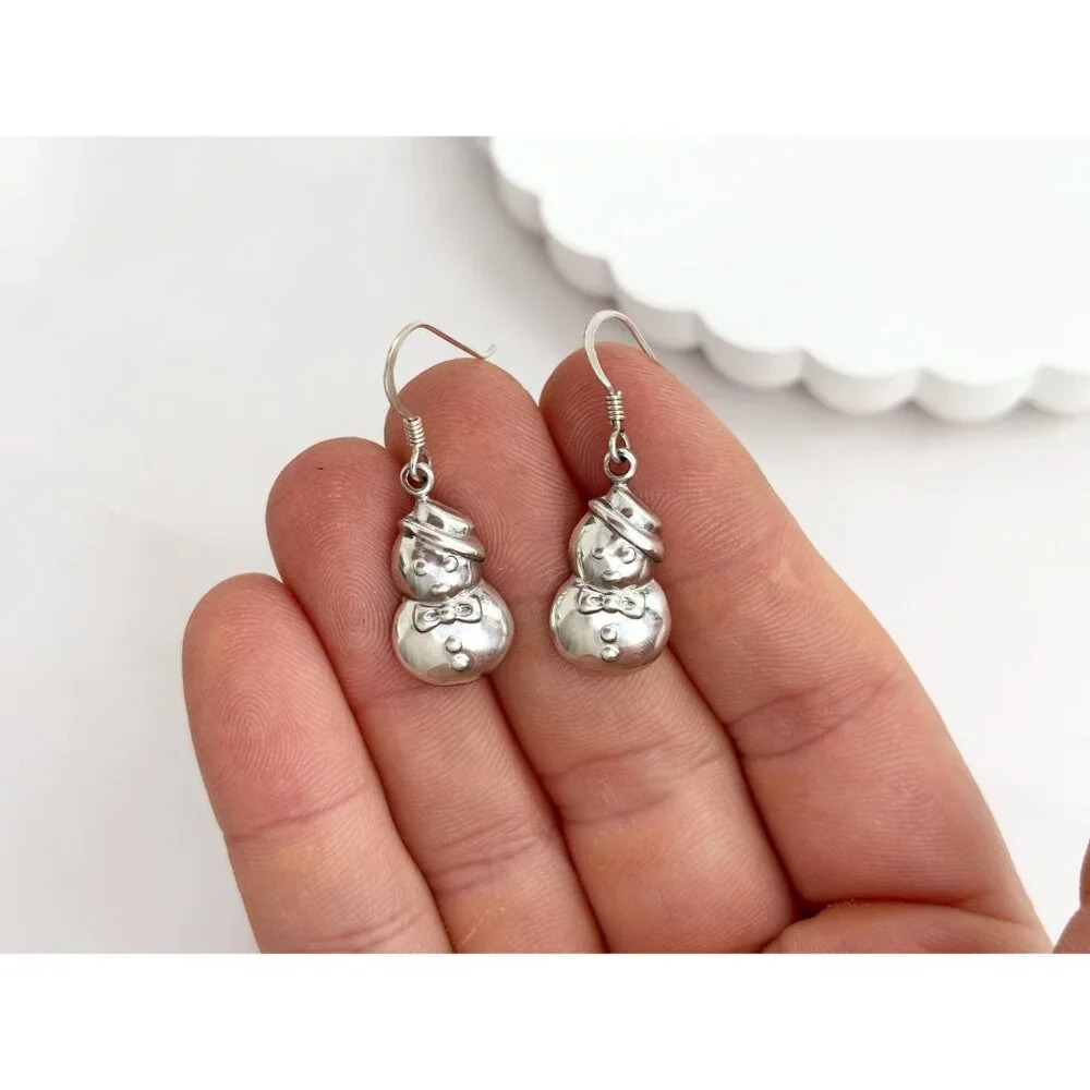 Sterling Silver Vintage Snowman 925 Stamped Thai Made Vintage Dangle Earrings - Picture 6 of 9